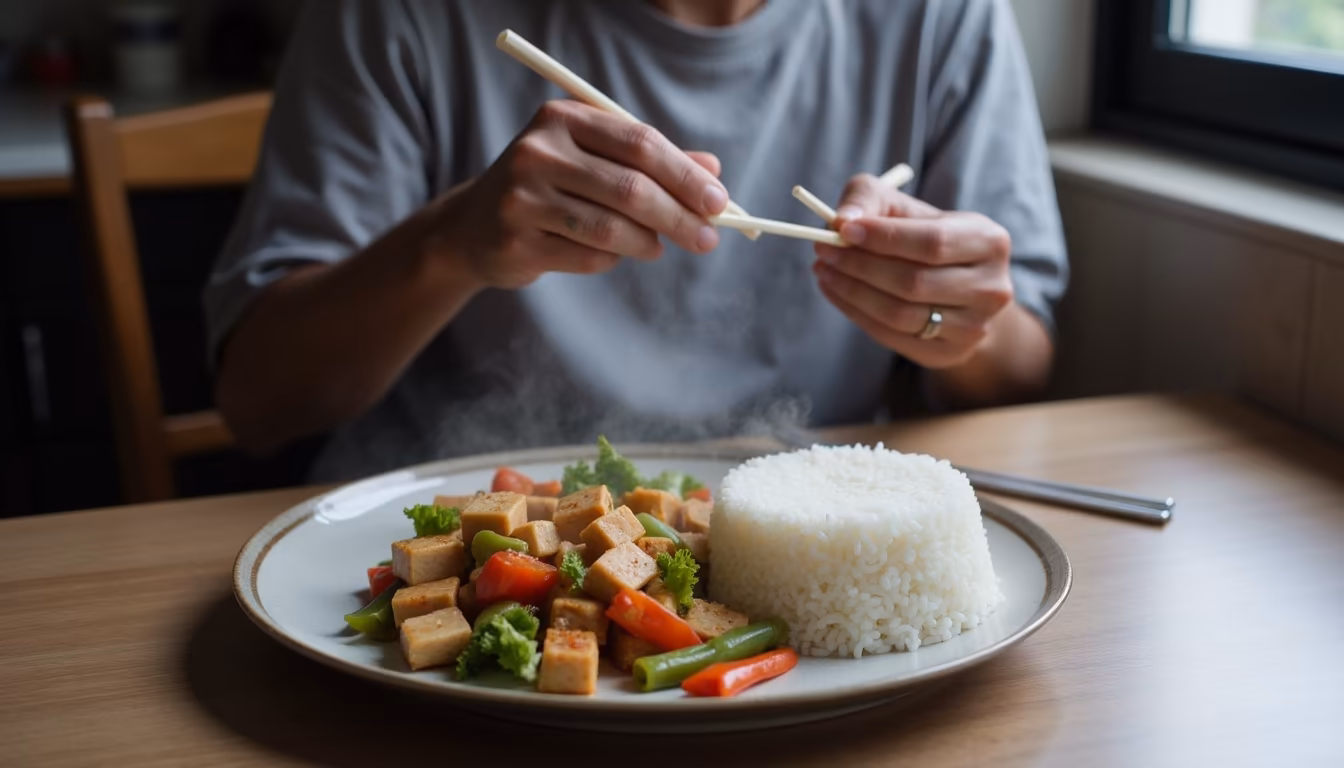 Vegetable and tofu stir-fry with rice for ordering vegan Thai food in Pai (illustration)
