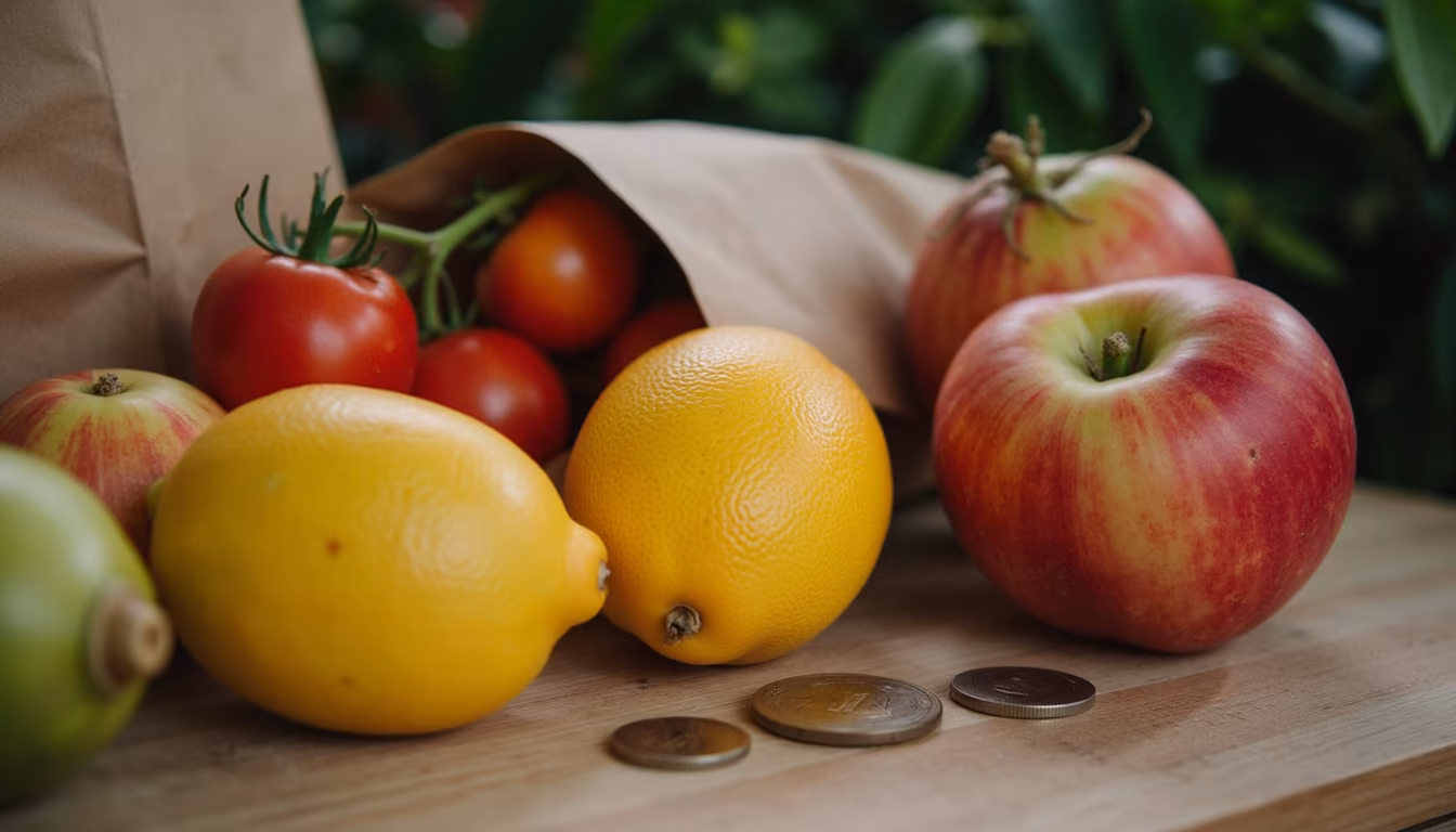 Fresh produce and coins showing how affordable a vegan Pai day costs (illustration)