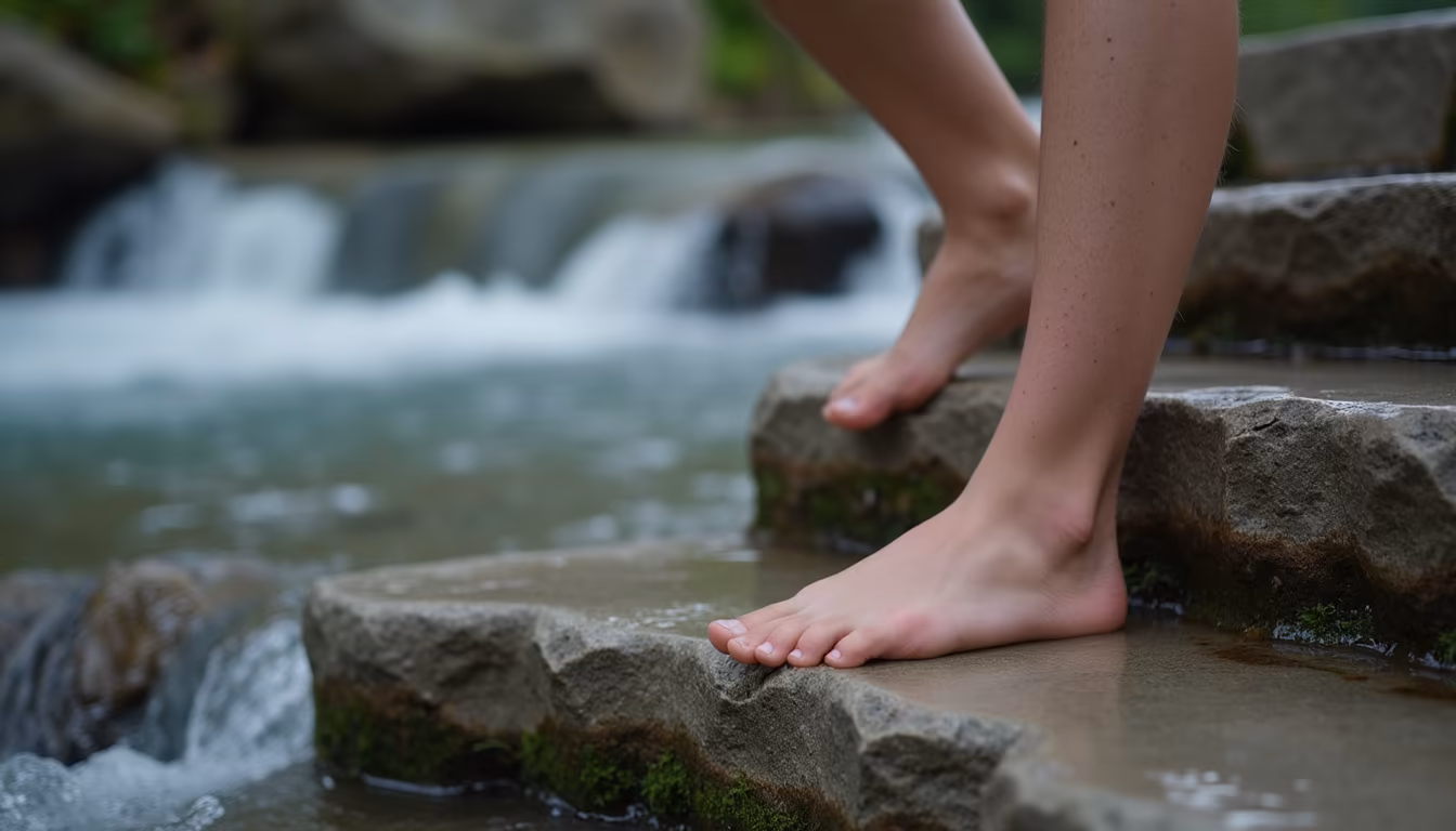 Careful footing on wet slippery rock at a cascade, a safety point for waterfalls near Pai (illustration)