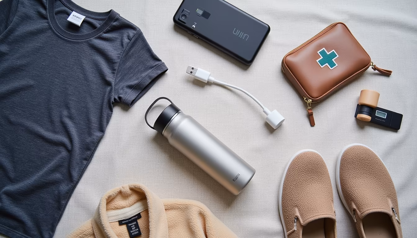 Flat-lay travel packing kit showing what to pack for Thailand mountain trips (illustration)