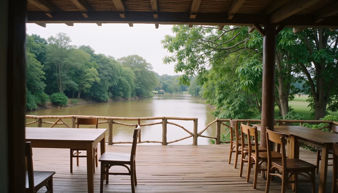 Riverside timber dining deck showing where to eat in Pai at a slow pace (illustration)