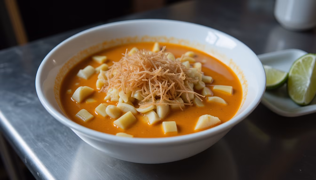 Bowl of khao soi curry noodles showing local northern food where to eat in Pai (illustration)