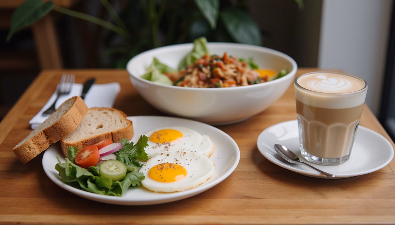Western brunch spread with eggs and coffee showing where to eat in Pai (illustration)